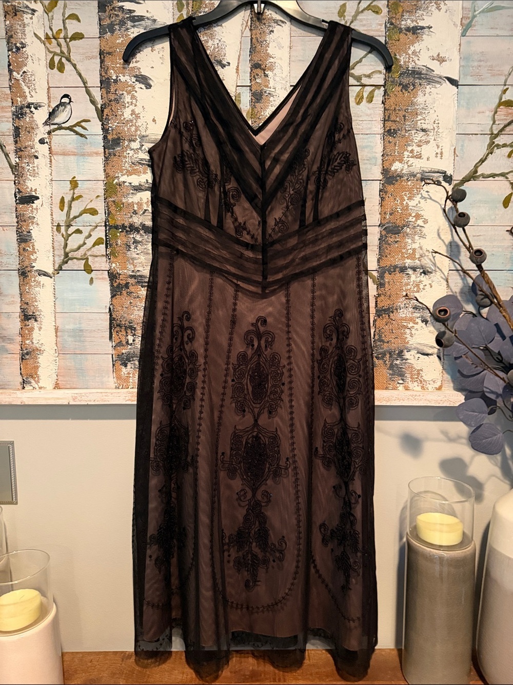 LOFT Black Sheer Embroidered Midi Dress